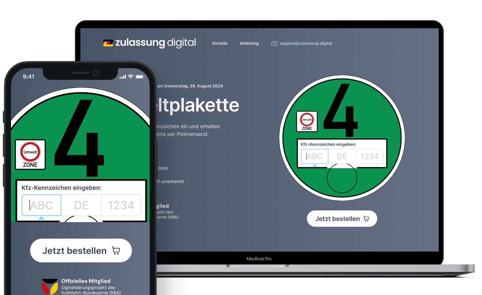 Bild davon, wie man auf Smartphone und Laptop die Umweltplakette bestellen kann